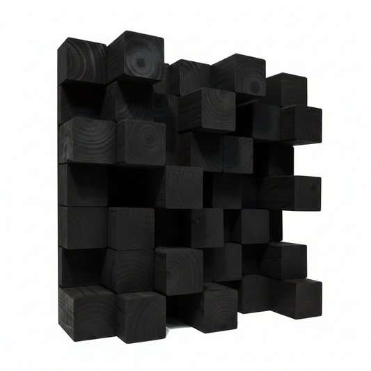 A modern black wooden acoustic diffuser composed of stacked square blocks with visible wood grain patterns, set against a solid white background.