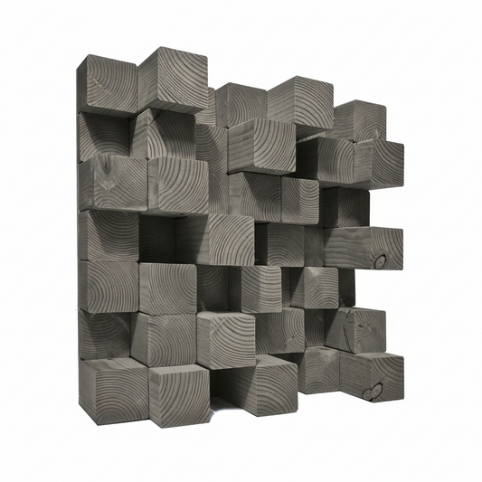 A 3D geometric wall acoustic diffuser made of interlocking grey wooden blocks with visible wood grain textures, shown against a solid white background.